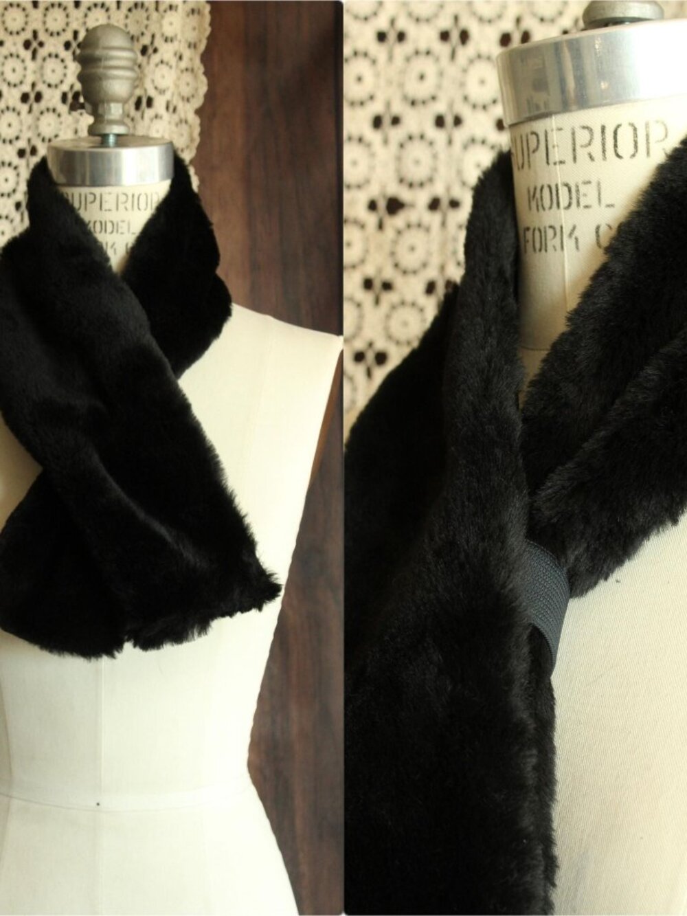 Vintage 1980s Wrap, Faux Fur Pull Through Detachable Collar Ascot, Satin Lining